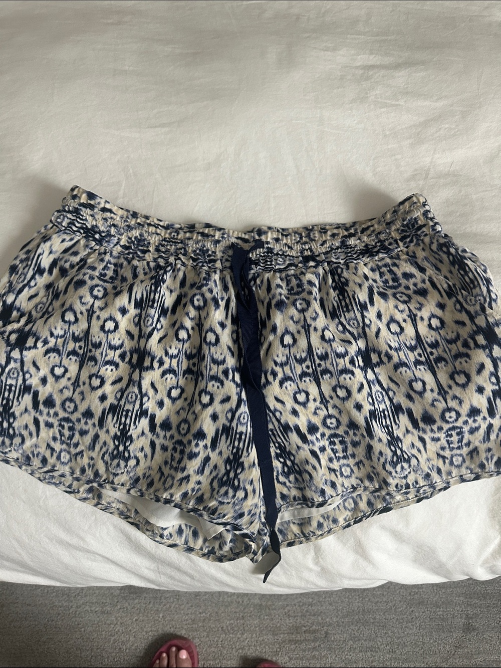 Women's Navy and Cream Printed Shorts with Drawstring
